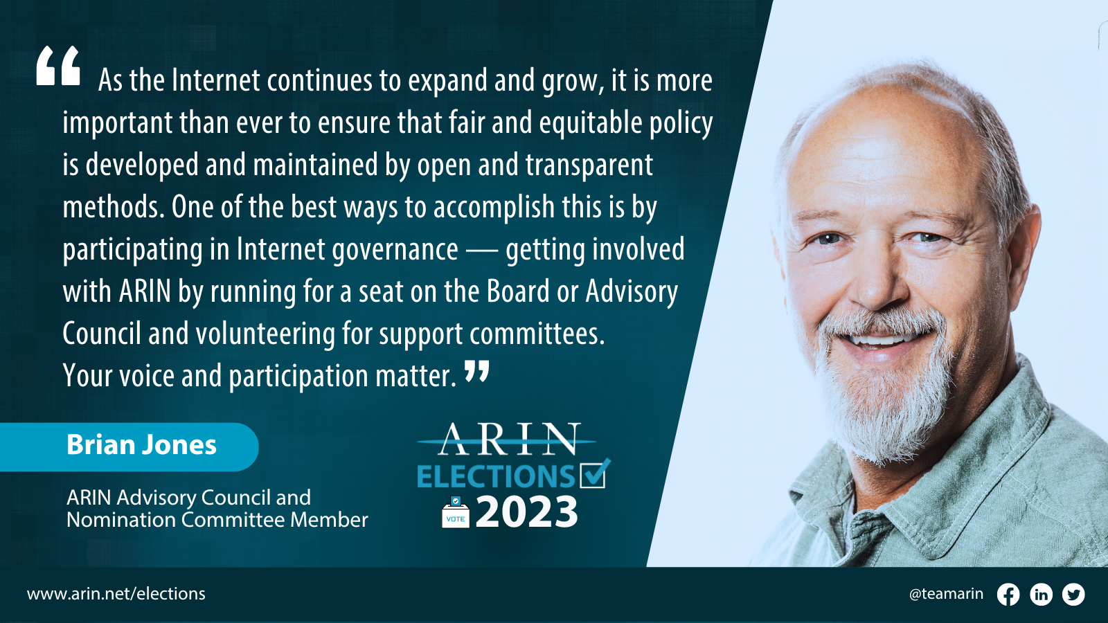 ARIN Advisory Council Member Brian Jones&rsquo; quote and headshot