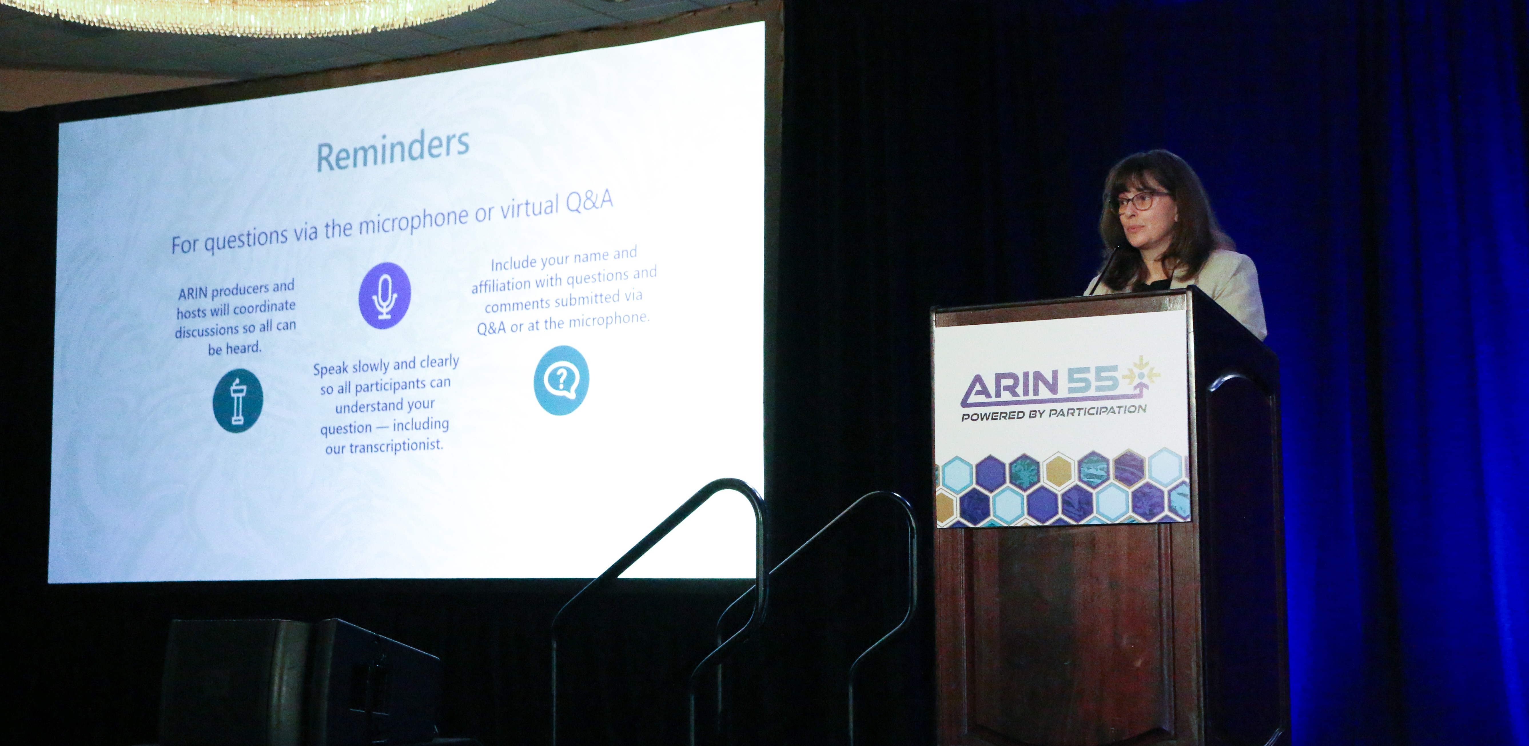 Meeting emcee and Director of Communications Hollis Kara opens day two of ARIN 55